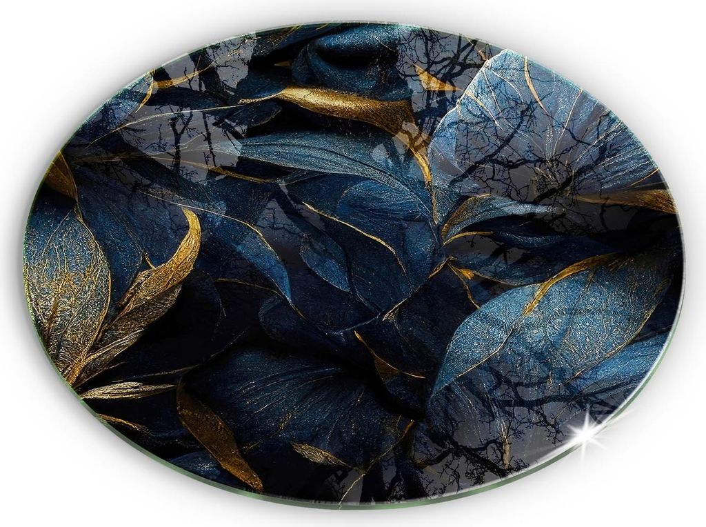 Glasplatte für Grabkerzen Gummifüße Glas Motiv - 30 cm - Dekorative Blätter mit Gold