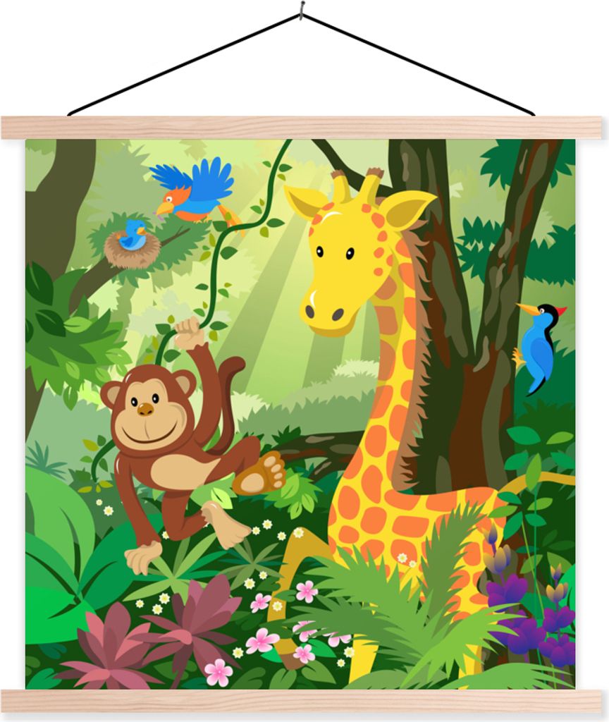 MuchoWow Textilposter Tropisch - Landschaft - Dschungeltiere - Mädchen - Baby - Kinder 120x120 cm mit holzfarbenen Rahmen - Textil-Poster