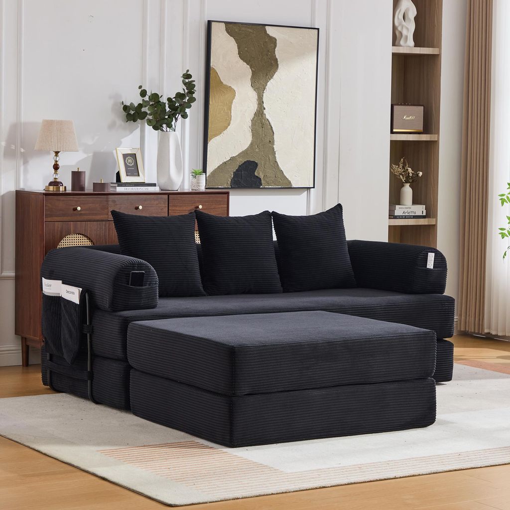 okwish Dreisitzersofa Modulares Sofa mit Hocker und Seitentasche Schlafsofa Wohnzimmersofa mit 3 bequemen Kissen Loungesofa mit stabilem Metallrahm...