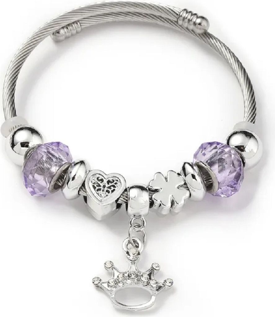 Charm-Armband mit lila Kunststoffperlen & 10 Symbolanhängern – Edelstahl – individuell kombinierbar Krone