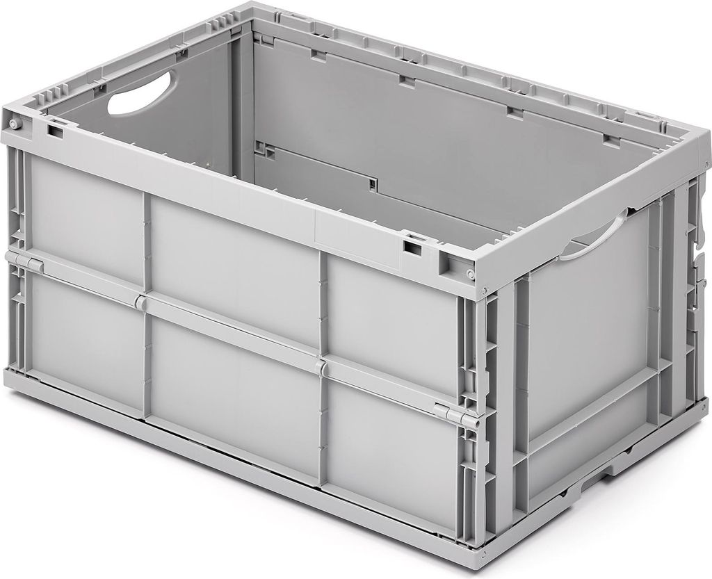 A light gray, foldable plastic storage box is shown from a slightly elevated front-side angle against a white background.