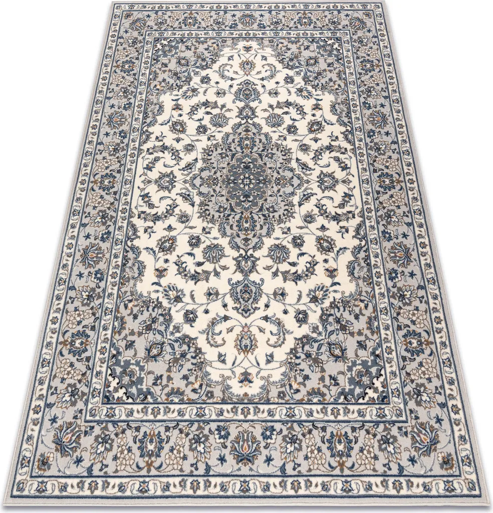 Tapis de Passage en Laine Beige et Bleu - Motif Ornemental 80x150cm