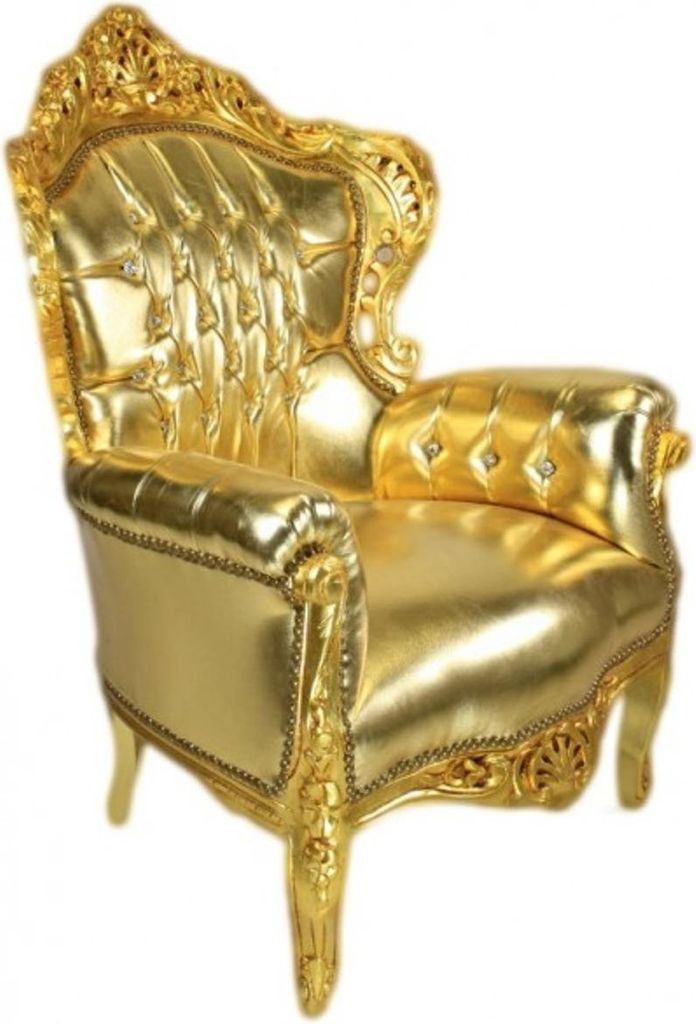Casa Padrino Sessel King Gold Lederoptik mit Bling Bling Glitzersteinen - Luxus Barock Möbel