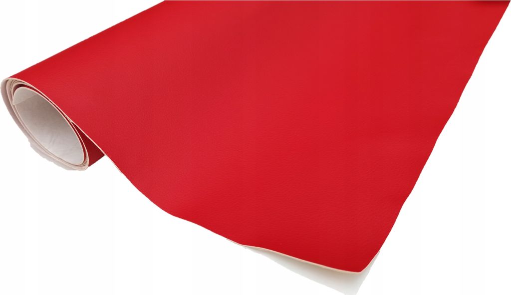 A roll of red leather-like material is shown diagonally against a white background.