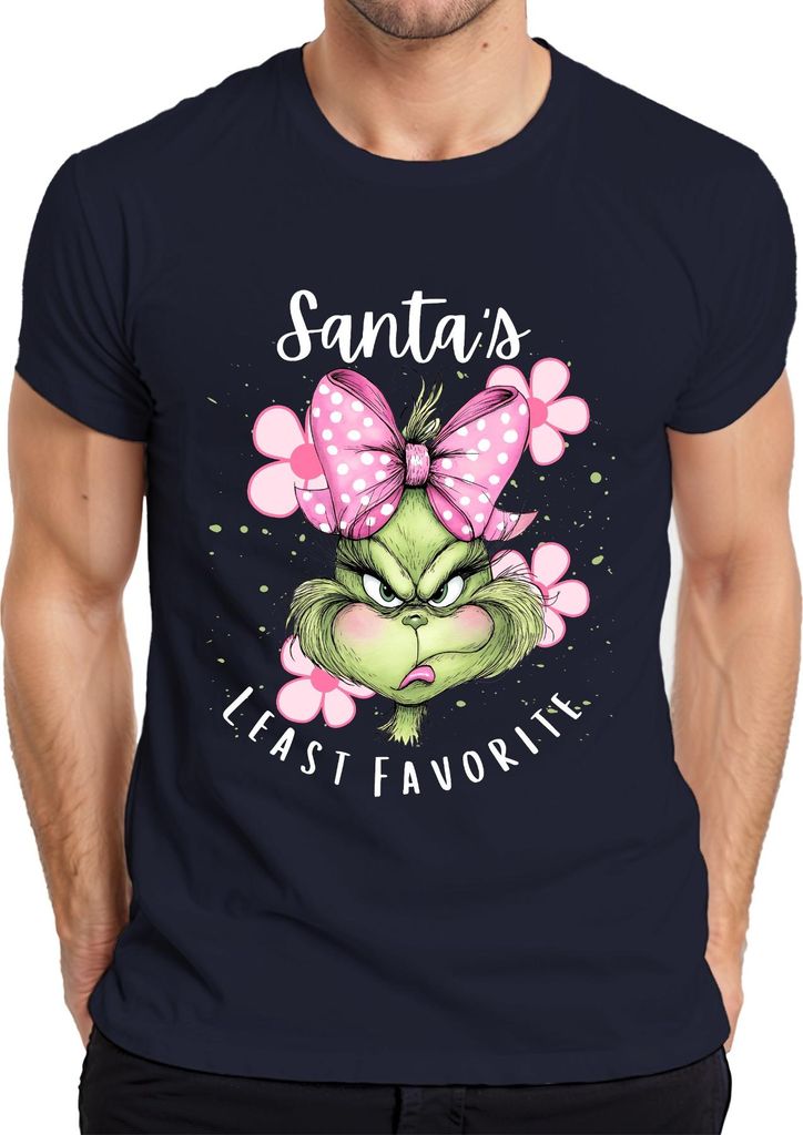 Santa's least favorite Grinch pink bow polka dot Weihnachten Herren T-Shirt, Navy, XXL