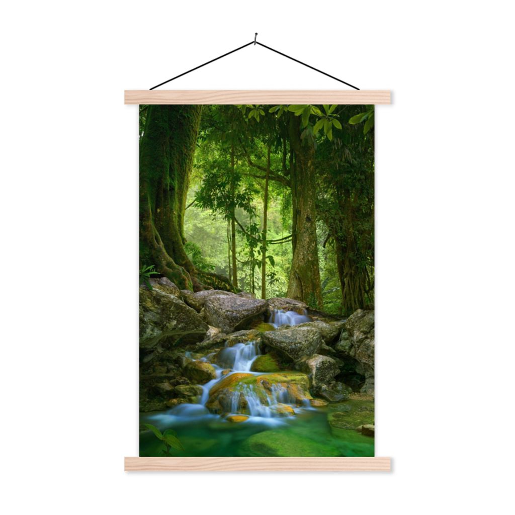 MuchoWow Textilposter Dschungel - Steine - Wasser - Natur - Pflanzen 60x90 cm mit holzfarbenen Rahmen - Textil