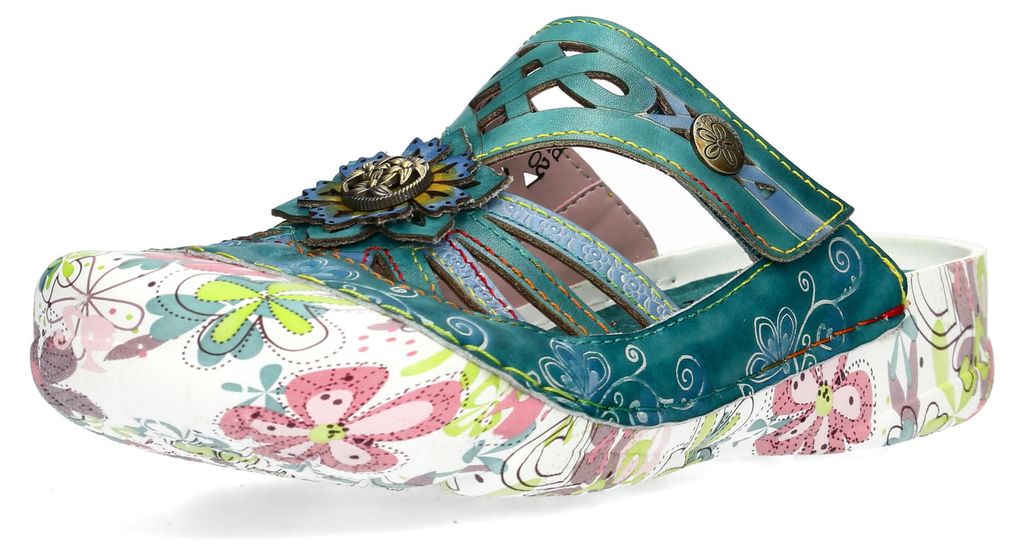 Laura Vita Damen Clog Leder mit Cut-Outs und floralem Muster Beczierso 61, Größe:39 EU, Farbe:Blau