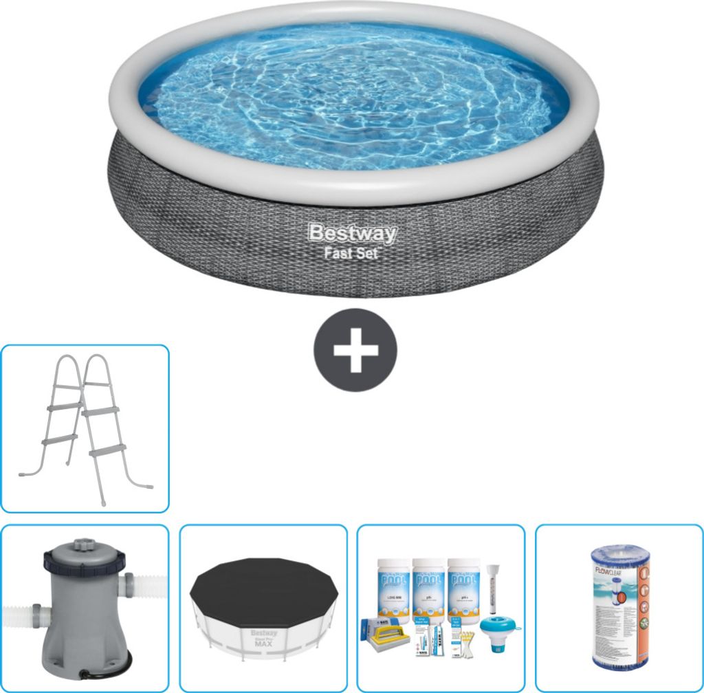 Bestway runder aufblasbarer Fast-Set-Pool – Rattan-Druck – 366 x 76 cm – inklusive Pumpe Abdeckung - Wartungspaket - Filter - Leiter