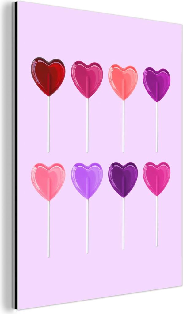 MuchoWow Wanddekoration Metall Metallbild Wandkunst 90x120 cm Lutscher - Herz - Rosa - Bonbon MuchoWow Aluminium Gemälde - Industrial