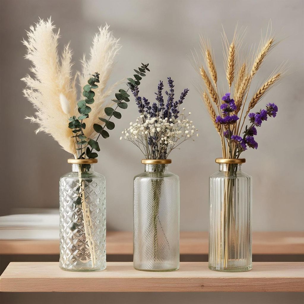 3er Set Vase Glas Klar Gold H14cm Blumenvase Transparent Produktbild 