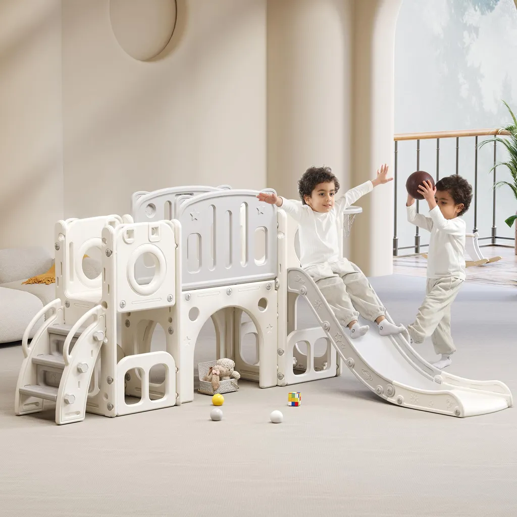 Aire de Jeux Intérieure et Extérieure avec Toboggan et Rangement Intégré