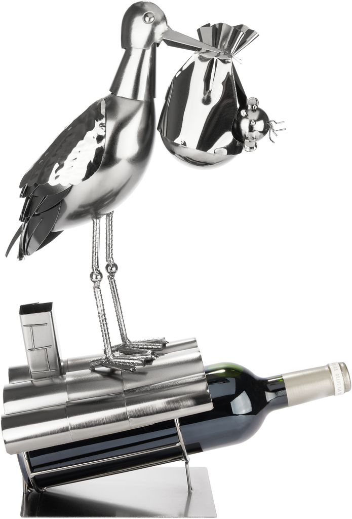 BRUBAKER Weinflaschenhalter Storch mit Baby auf Dach - Metall Flaschenhalter Klapperstorch - Wein Geschenk für Eltern - Flaschenständer mit Gruß...