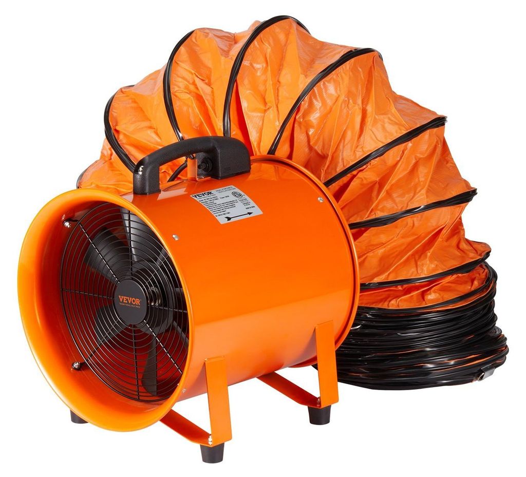 An orange industrial fan with a flexible orange duct attached, shown on a white background.