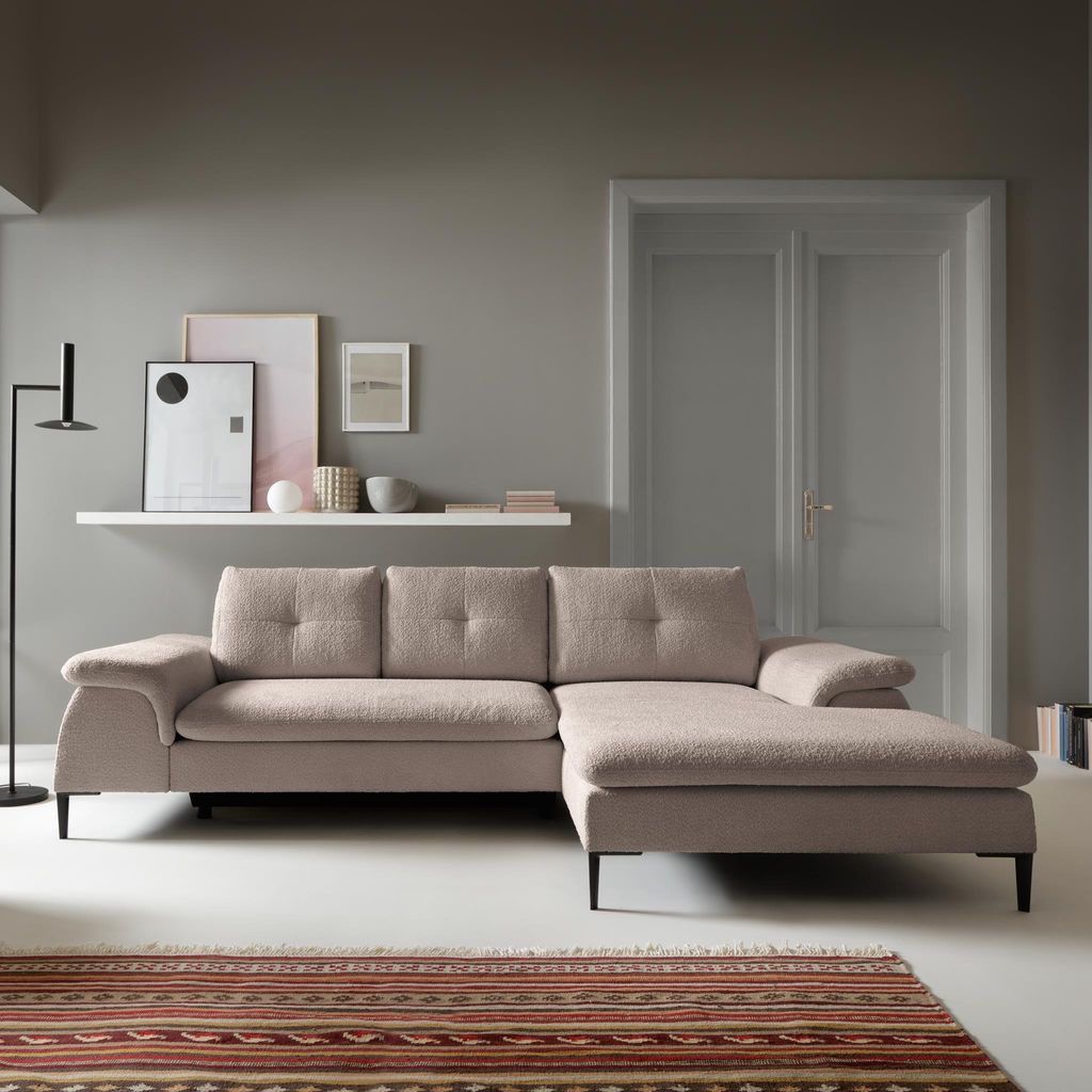268 cm Ecksofa mit Bettkasten Cellin M Eck-Schlafsofa aus Velour-Bezug L-Form Polsterecke, Farbe: Beige, Bubble 04, Ottomane: rechts