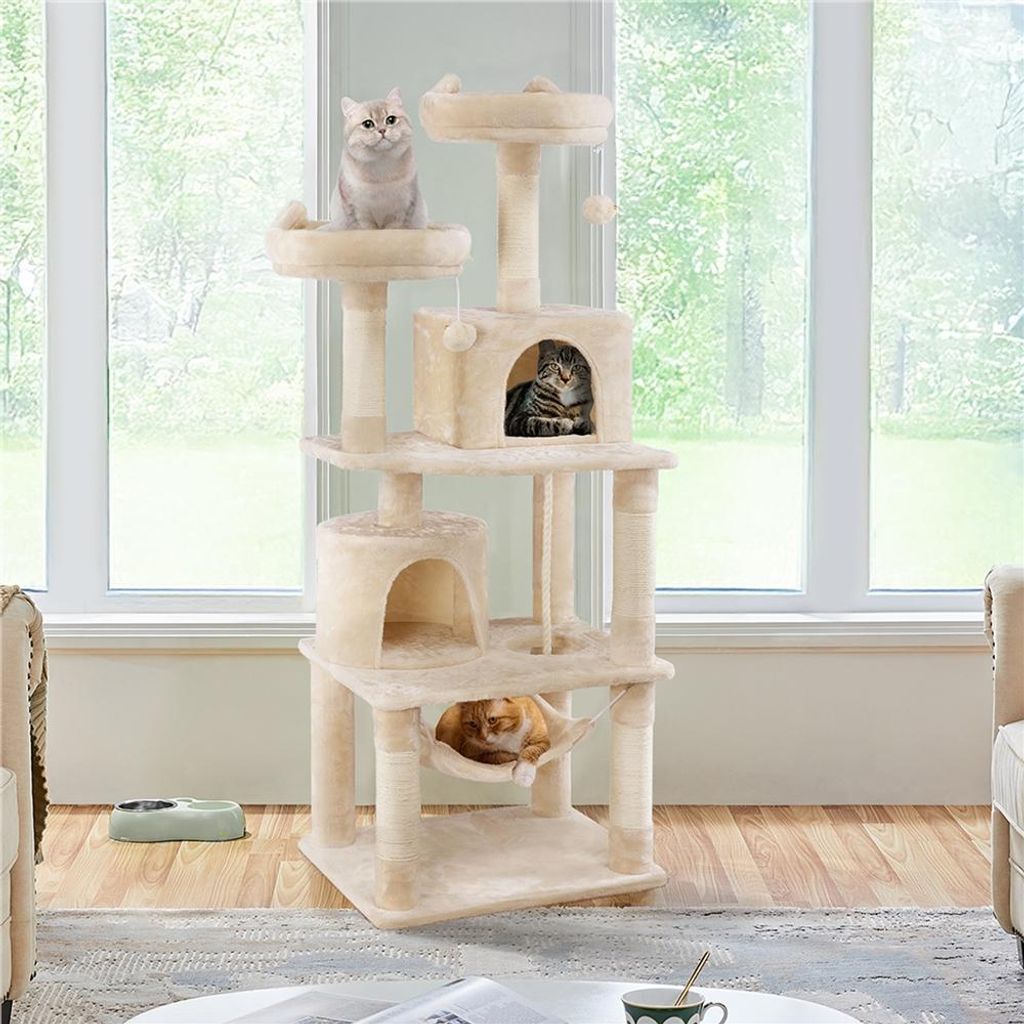 Yaheetech Kratzbaum 158 cm stabiler Katzenbaum, mit 5 Sisalstämmen & 2 Plattformen, mehrstufig, Beige