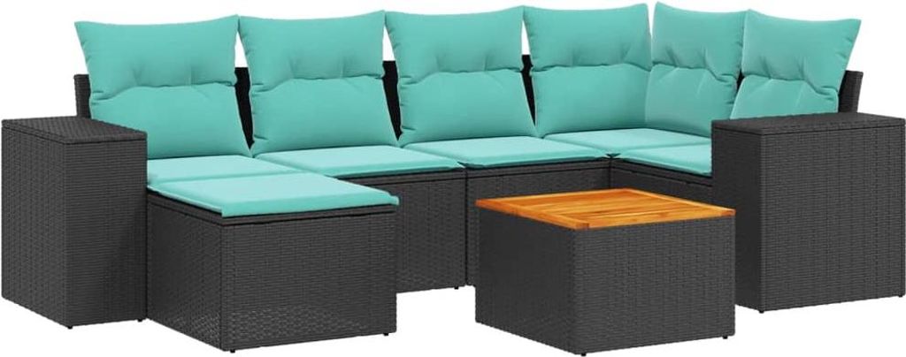 7-teiliges Gartensofa-Set mit Kissen, schwarzes Polyrattan