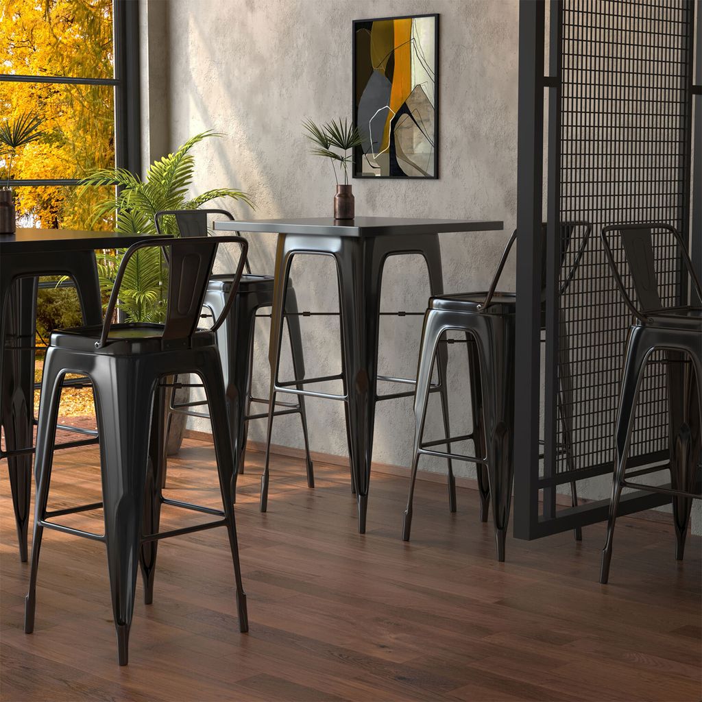 CALIFORNIA | Tolix Tisch- & Stuhl-Set | 2x Barstuhl + Rückenlehne | 60x60cm | Schwarz Matt | Industrie Vintage Retro Restaurant Hotel Kneipen Gast...