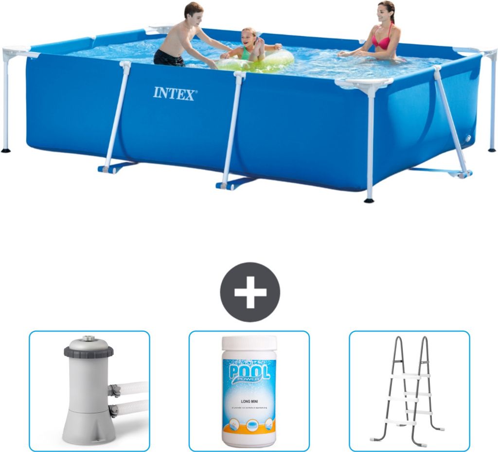 Intex-Schwimmbecken mit rechteckigem Rahmen – 300 x 200 x 75 cm – Blau – im Lieferumfang enthalten Filterpumpe für Schwimmbad - Chlor - Leiter