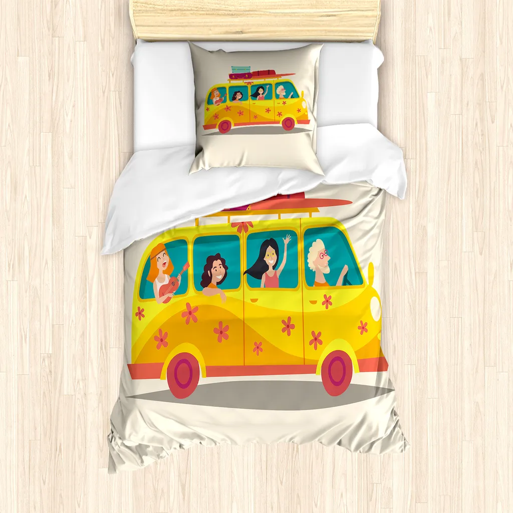 Parure de lit 1 personne motif Camping-car avec housse et taie d'oreiller
