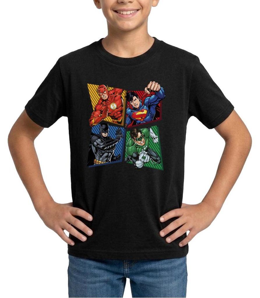 Spreadshirt DC Comics Justice League Superhelden Teenager T-Shirt, 152/164 (12-14 Jahre), Schwarz