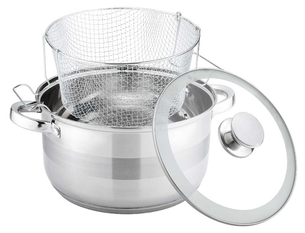 Frittiertopf 6,5 L Edelstahl Glasdeckel Induktion Friteuse Pommestopf Fritöse