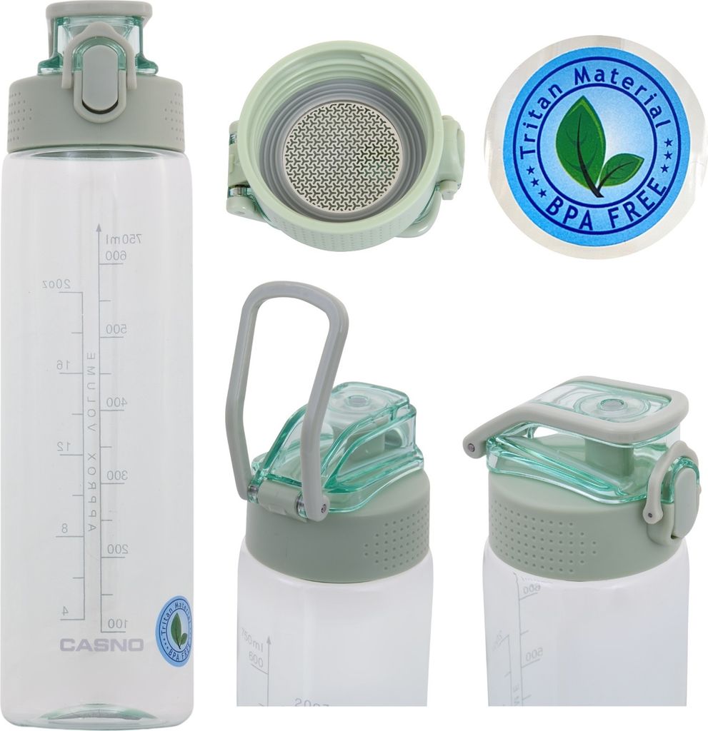 Casno Tennessee Clear Trinkflasche 750 ml, Wasserflasche BPA-Frei, Tritan, gym flasche, Sportflasche für Fahrrad, Outdoor, Fitness, Leicht, Grün.