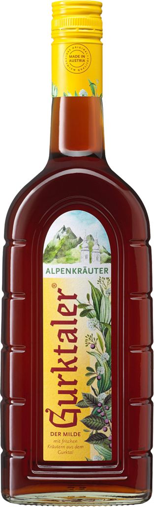 A bottle of Gurktaler Alpenkräuter liqueur against a white background.