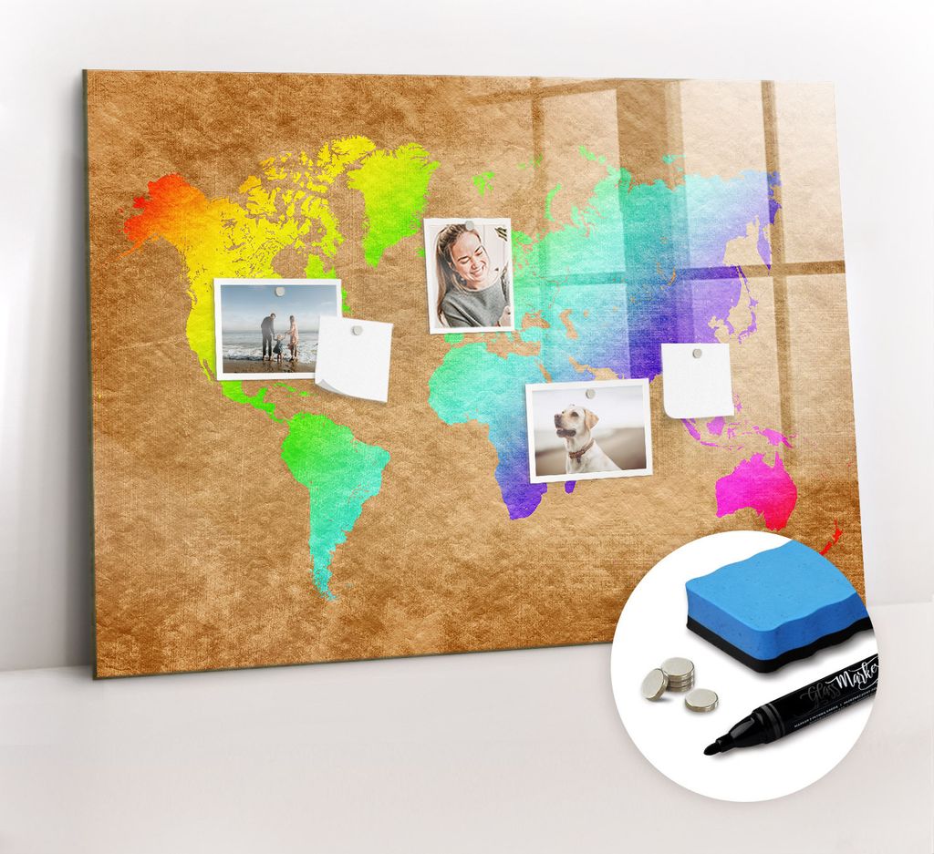 Magnetpinnwand Memoboard - Zubehörsatz - Schwarzer Marker + Schwamm + Magnete - 100 x 70 cm - Weltkarte