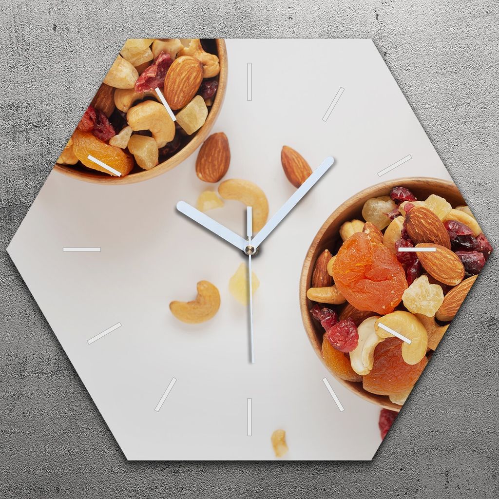 Uhr hexagonal 40 cm Glas Geräuschlos weiße Zeiger - Nüsse Motive