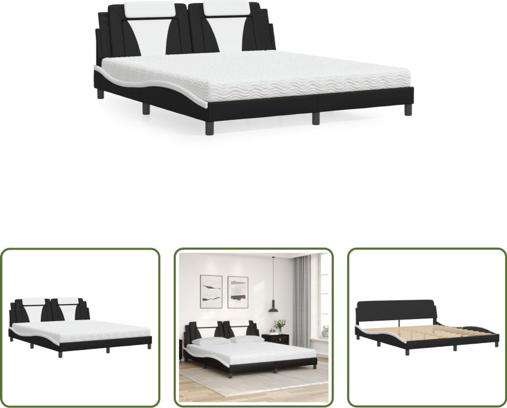 The Living Store Bett mit Matratze Schwarz und Weiß 180x200 cm Kunstleder