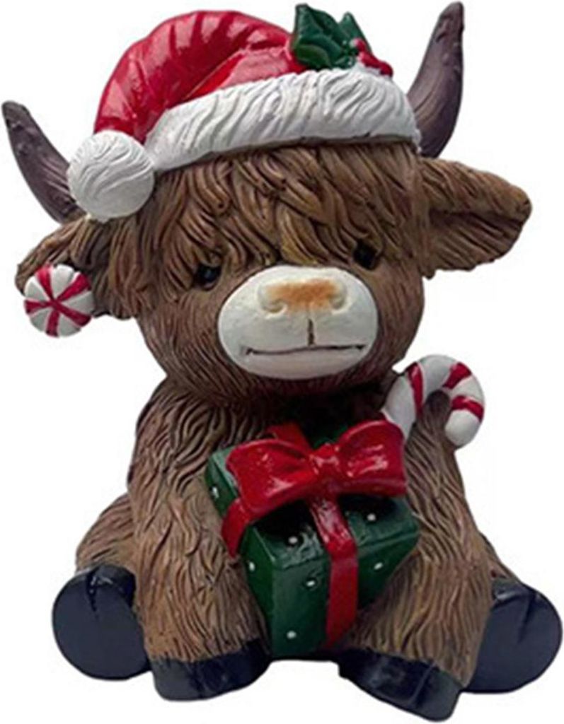 Weihnachtliche Hochlandrind-Figur aus Kunstharz, Weihnachtsmann-Baum-Statue, schottische Statue für Zuhause, Garten, Küche, Büro, Etagerentisch-...