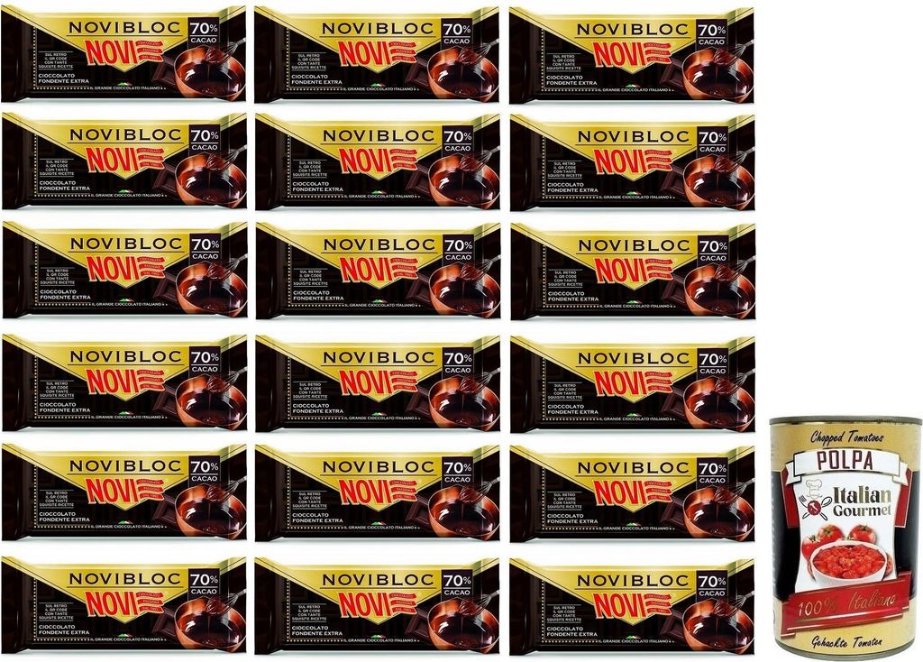 18x Novi Novibloc Cioccolato Fondente Tafel Extra Dunkle Schokolade 70% Kakao 140g + Italian Gourmet Polpa di Pomodoro 400g Dose