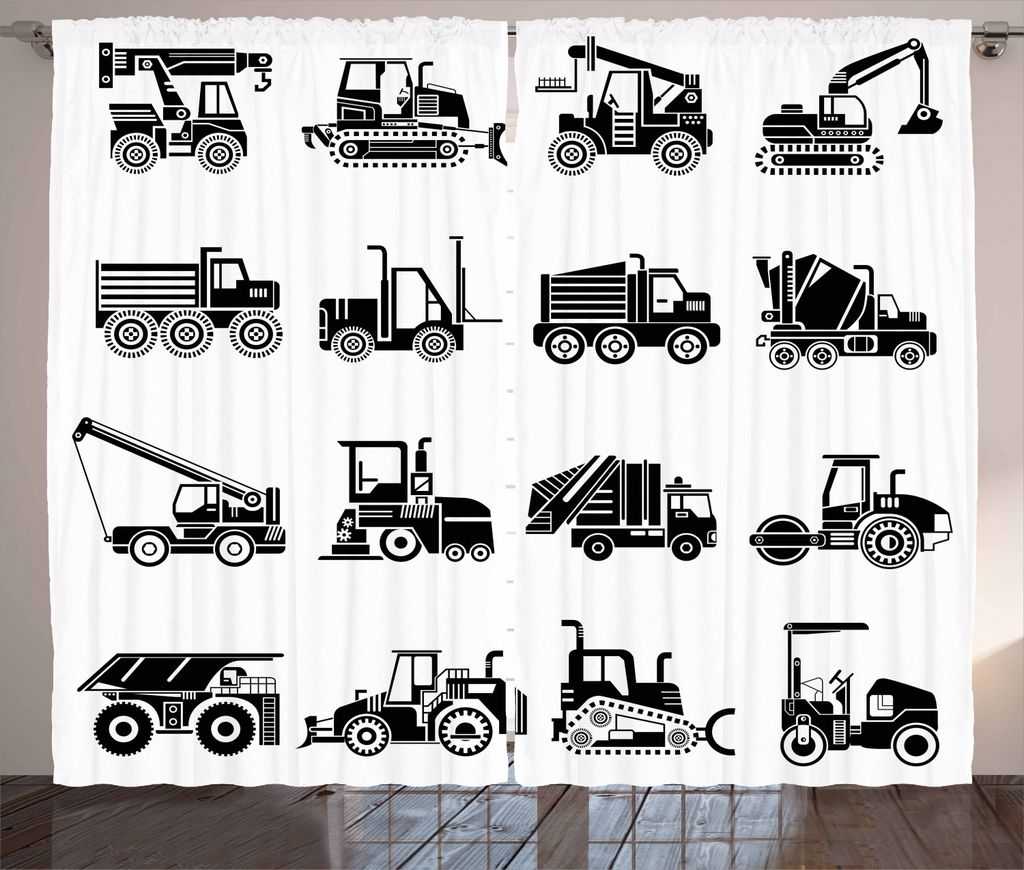 ABAKUHAUS Kindergarten Rustikaler Gardine, Schwermaschinenbau, Schlafzimmer Kräuselband Vorhang mit Schlaufen und Haken, 280 x 225 cm, Weiß Schwarz
