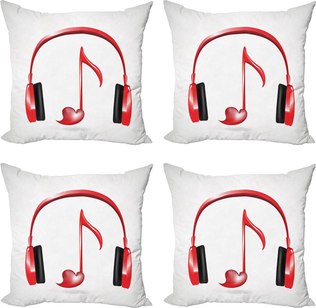 ABAKUHAUS Musik Kissenbezug Set (4 Stück), Lieber Ton Kopfhörer, Moderner Doppelseitiger Digitaldruck, 45 cm x 45 cm, Rot, Schwarz, Grau