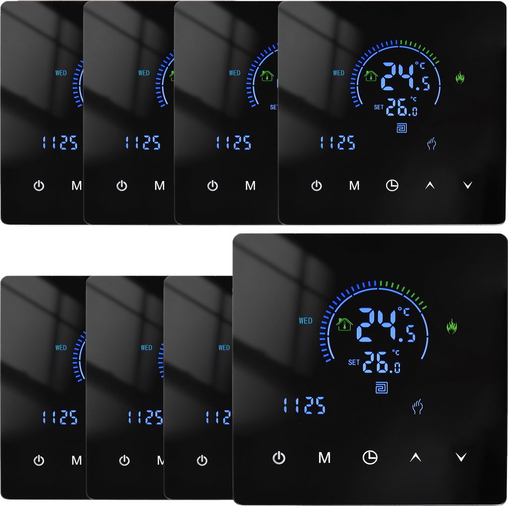 A collage of digital LCD room thermostats, showing multiple units in a grid layout.