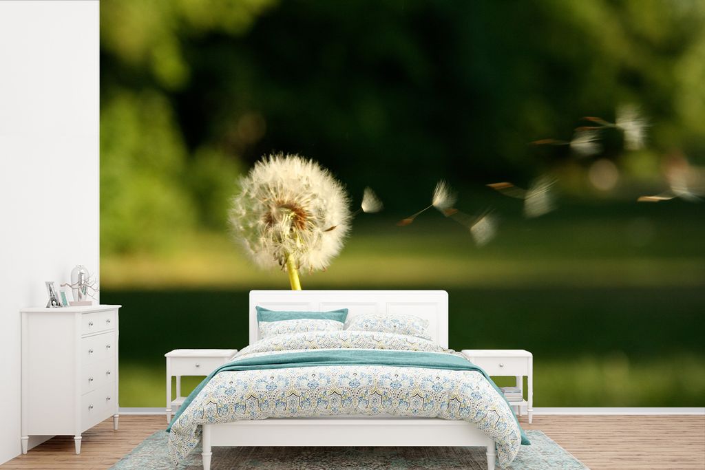 MuchoWow Fototapete für Wohnzimmer oder Schlafzimmer Wandtapete Vinyl Motivtapete Samen von Löwenzahn verwehen - 390x260 cm - Papiertapete