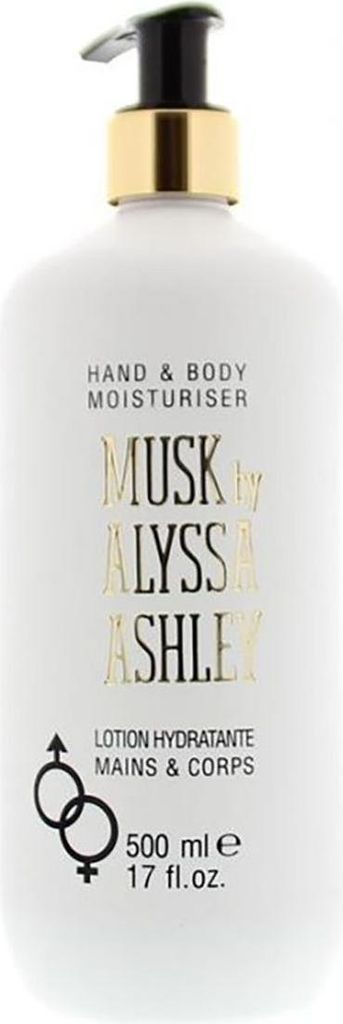 A white bottle of hand and body moisturizer with a pump dispenser.