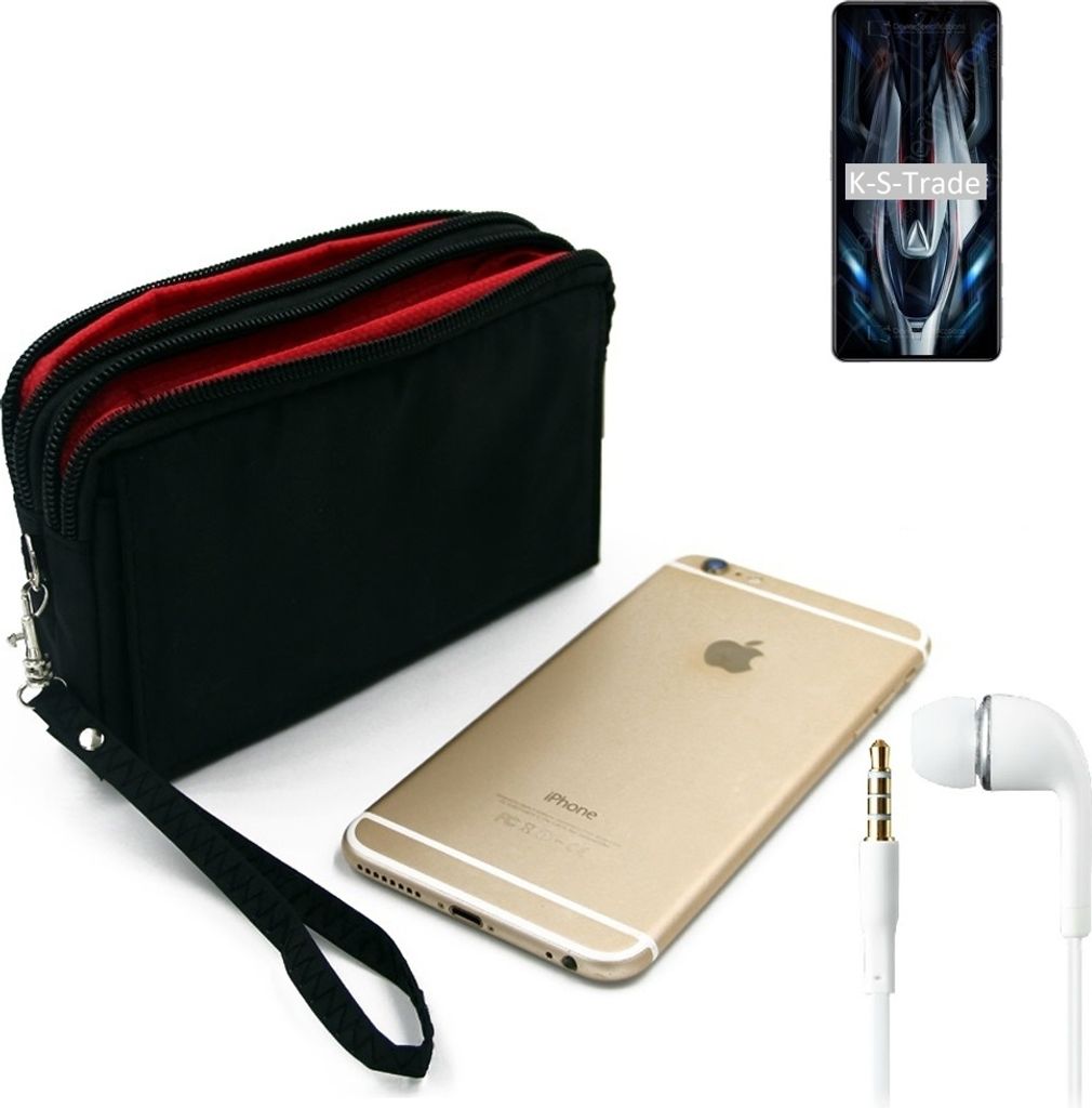 TOP SET kompatibel mit Xiaomi Redmi K50 Gaming Edition Handy Hülle Gürteltasche schwarz + Kopfhörer Travel Bag Travel-Case mit Diebstahlschutz