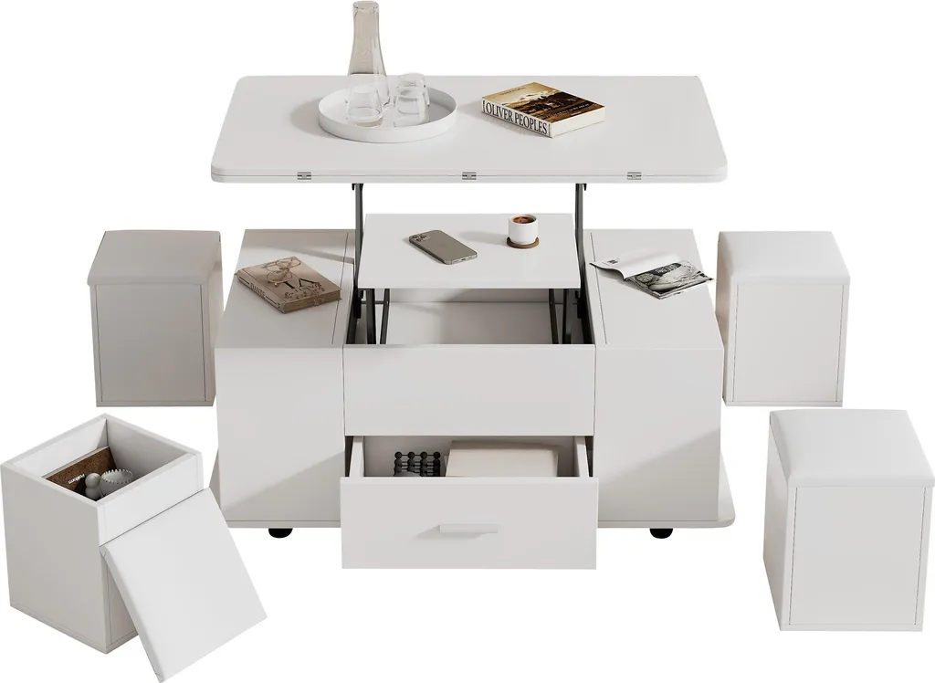 Sweiko Table Basse Réglable en Hauteur et Mobile avec 4 Tabourets Blanc - 6