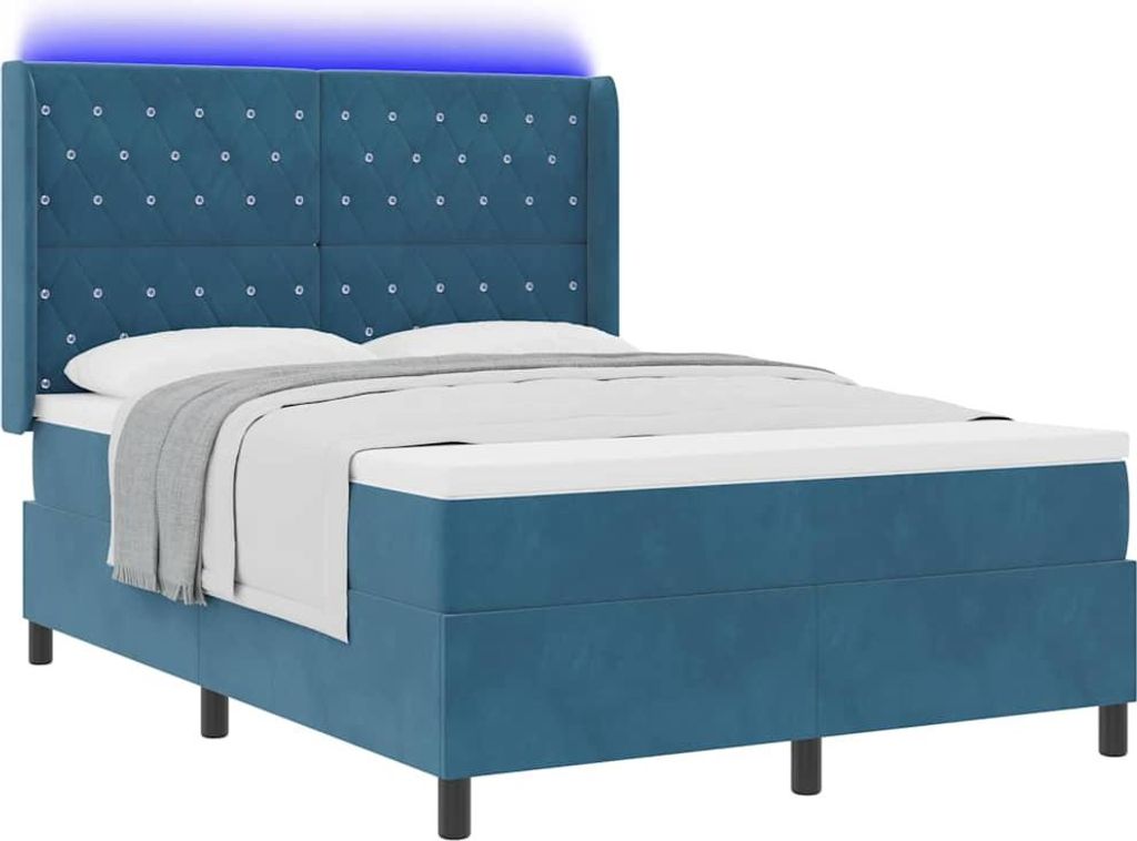 vidaXL Boxspringbett mit LED-Lichtleisten Blau 140 x 190 cm Samt