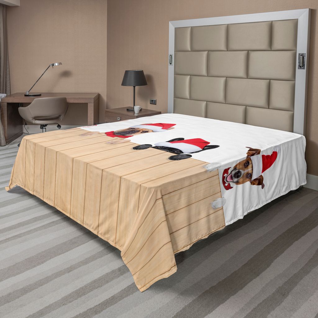 ABAKUHAUS Weihnachten Bettlaken, Gruppe von Santa Claus Dogs über Bretterzaun-Stimmungs-Tier-Noel-Welpen-Haustier-Grafik, weiches bequemes oberes ...