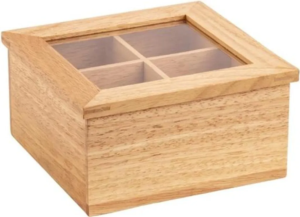 Organizer Tè Olympia Legno di Gomma - 4 Scomparti con Coperchio