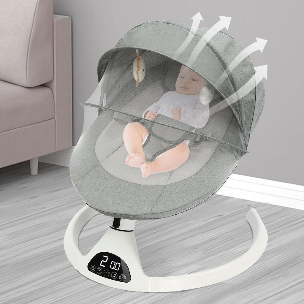 Babyschaukel - Elektrische Babywippe - 0–12 Monate - Bis 12 kg - 5 Schaukelstufen 18°–31° - Timer 8/15/30 Min - Fernbedienung 5 m - EU-Stecke...