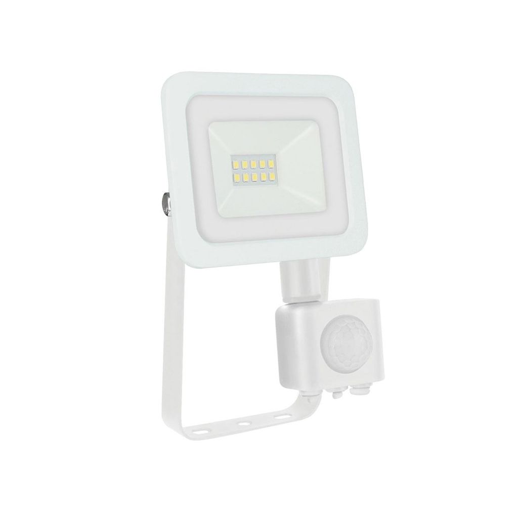 A white LED floodlight with a motion sensor, shown against a white background.