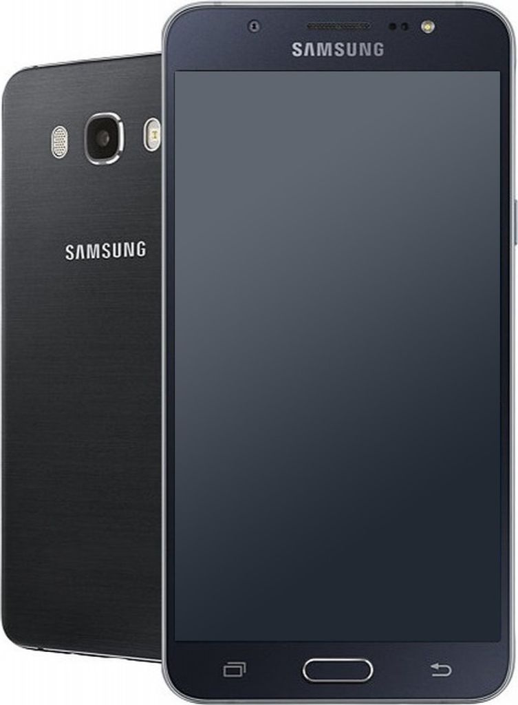 A black Samsung Galaxy J7 2016 smartphone is shown from the front and back.