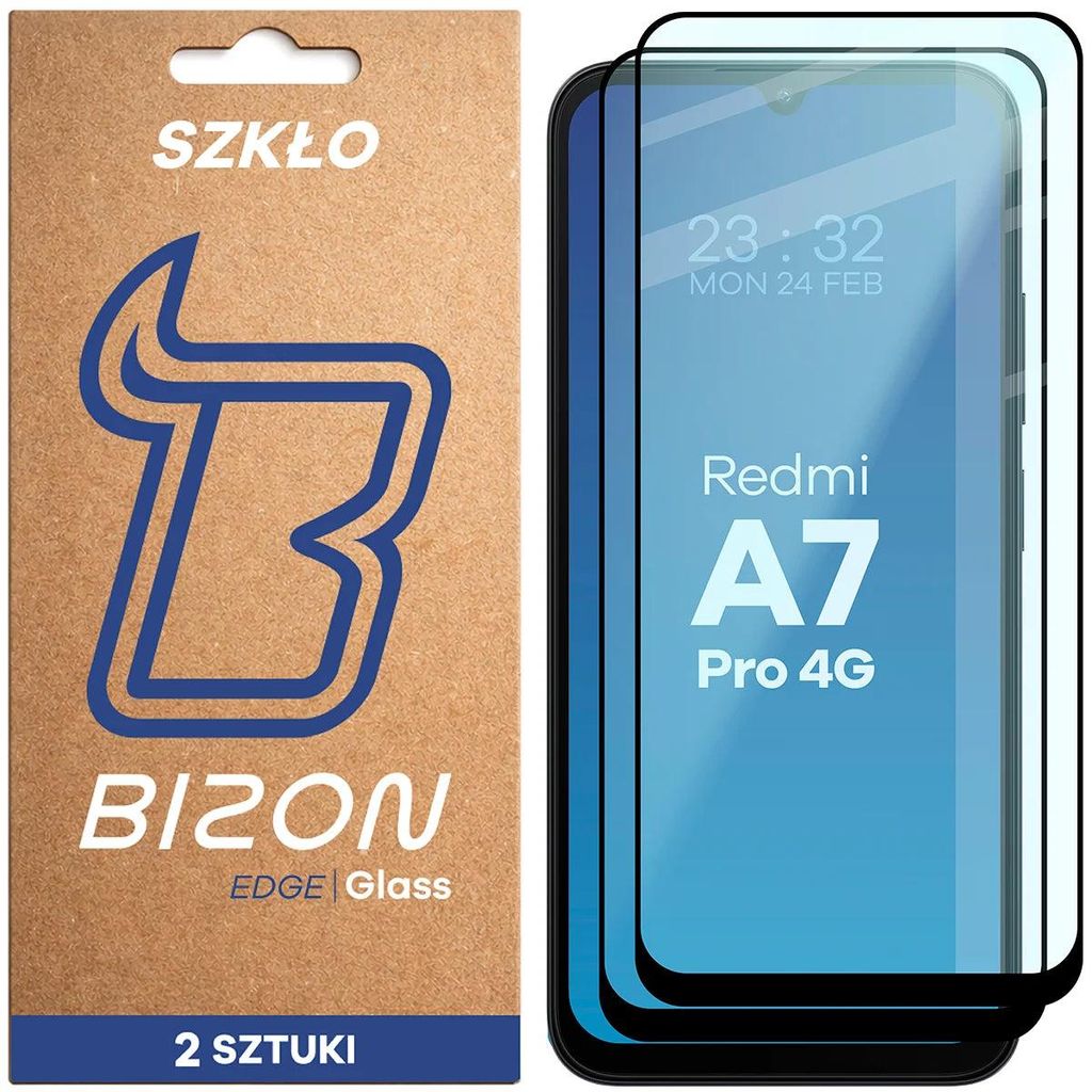 2x Gehärtetes Glas für Xiaomi Redmi A7 Pro 4G, Bizon Glass Edge Duo, Schwarzer Rahmen