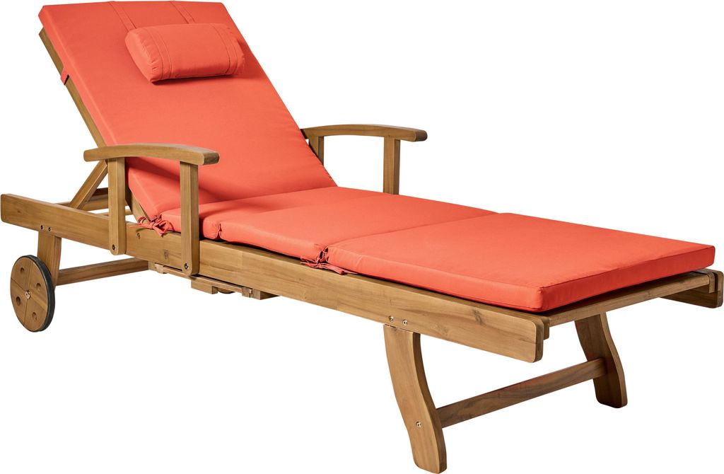 BELIANI Gartenliege Hellbraun u. Rot Akazienholz Verstellbar Rollbar Sonnenliege mit Tisch und Auflage Terrasse Garten Balkon Modernes Design