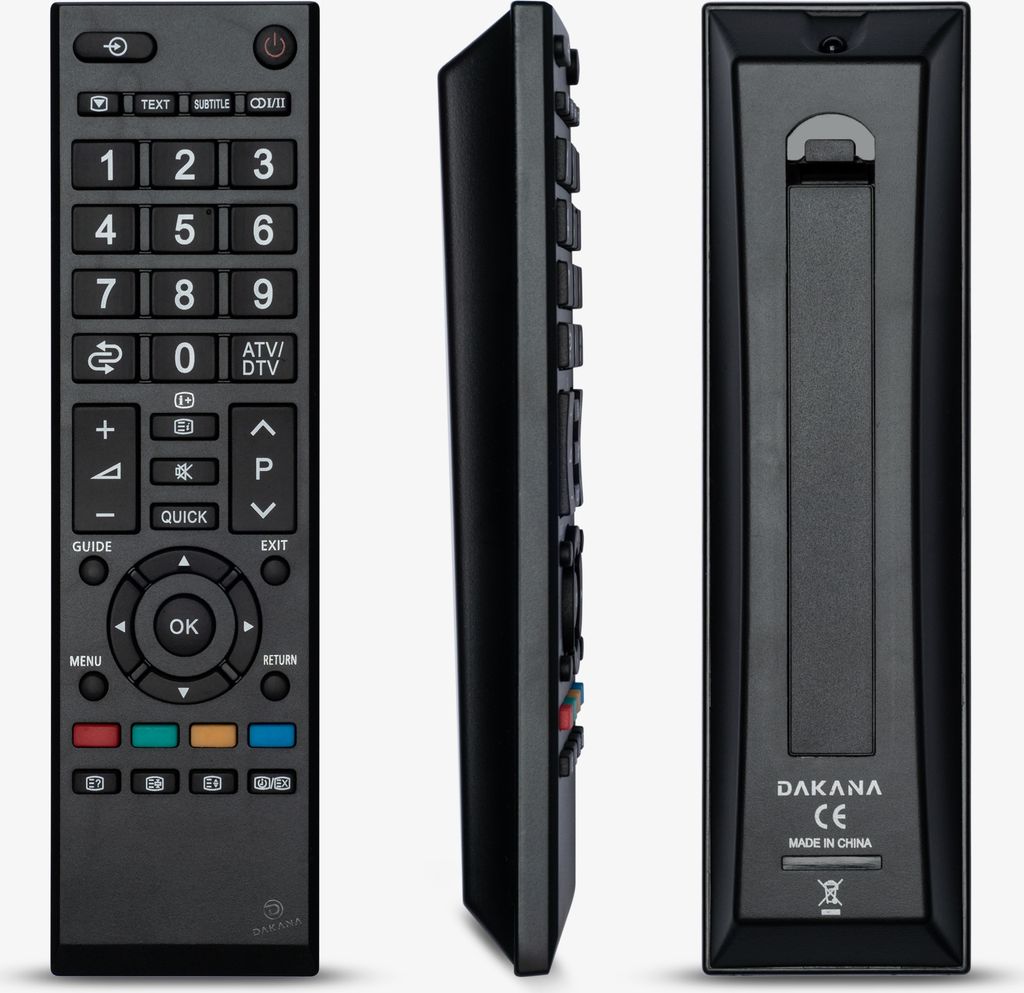 A black remote control is shown from three different angles against a white background.