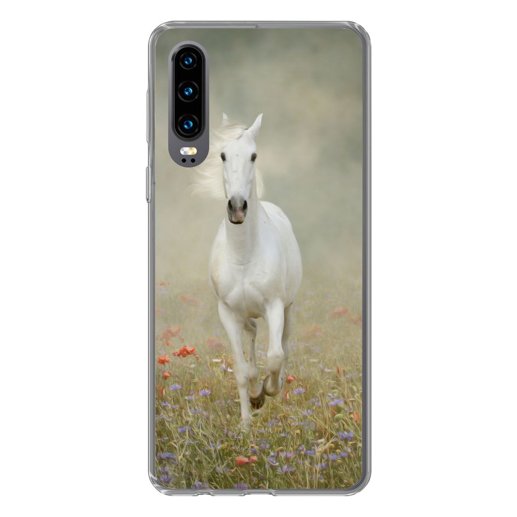 MuchoWow Handyhülle Schutzhülle Hülle für Huawei P30 Pferd - Stoff - Blumen Silikon Softcase Handy Hülle - Kartenbesitzer