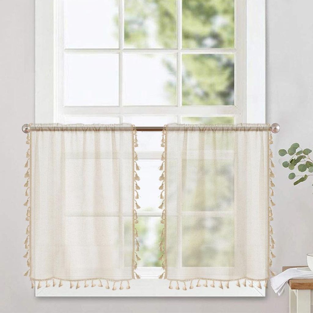 Boho Scheibengardine Stangendurchzug Durchsichtig Vorhang Kurz Küchengardinen mit Quasten Halbtransparente Bauernhaus Gardinen für Balkontü 2 St...